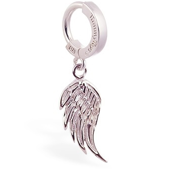 Belly Bars. TummyToys Silver Femme Metale's Angel Wing Navel Ring - Solid 925 Silver Feather Charm Snap Lock Belly Ring
