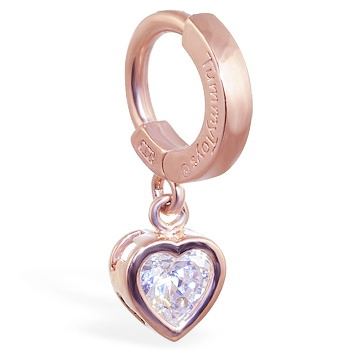 Navel Rings. TummyToys Rose Gold Cubic Zirconia Heart Belly Ring - Solid Rose Gold Snap Lock Belly Ring