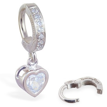 High End Belly Rings . TummyToys Paved Silver Heart Bezel Set - Paved Classic Heart Cubic Zirconia Clasp Belly Ring