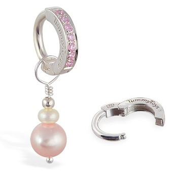 Navel Rings. TummyToys Changeable Pearl Clasp - Solid Silver Pink Paved Clasp with Pearl Swinger