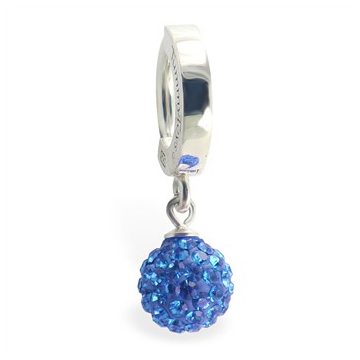 Designer Belly Rings. TummyToys Silver Blue Disco Ball Huggie - Solid Silver Snap Lock Dangly Belly Ring with Royal Blue Disco Ball