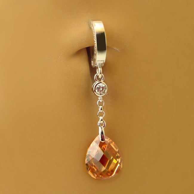 TummyToys® Amber Drop, Cubic Zirconia Clasp Lock Belly Ring. Naval Piercing 