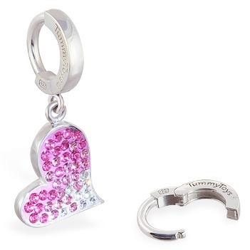 TummyToys® Pink Swarovski Crystal Heart. Silver Belly Rings.
