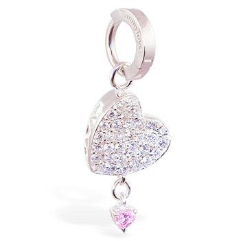 Navel Rings. TummyToys Silver Floating Paved Heart with Pink Drop Swinger - Plus a Solid Silver Clasp Lock Belly Ring