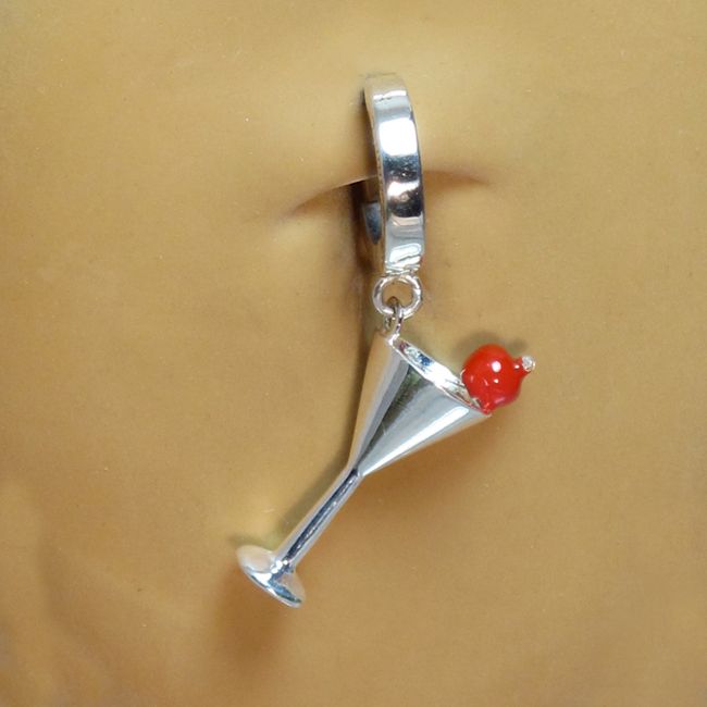 Quality Belly Rings. TummyToys Silver Clasp Martini Charm - Snap Lock Belly ButtonRings