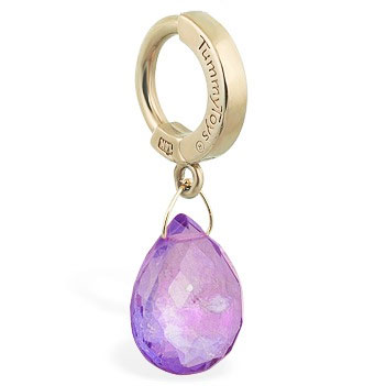 Designer Belly Rings. TummyToys Solid 14K Yellow Gold Amethyst Drop - Designer Snap Lock Belly Ring