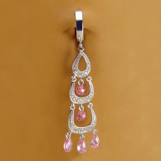 Designer Belly Rings. TummyToys Pink Cubic Zirconia Chandelier Drop - Vintage Style Silver Snap Lock Belly Ring