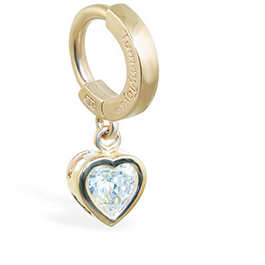 TummyToys® Yellow Gold Cubic Zirconia Heart Belly Ring - Solid Yellow Gold Snap Lock Belly Ring