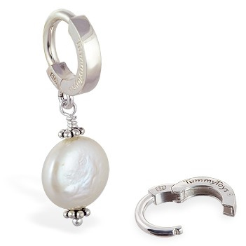 Belly Button Rings. TummyToys Silver Cream Freshwater Coin Pearl Pendant - Solid Silver Clasp Lock Body Jewellery