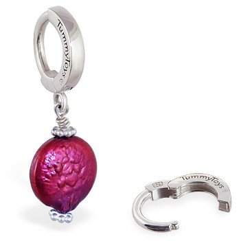 TummyToys® Red Wine Freshwater Coin Pearl Pendant. Silver Belly Rings.