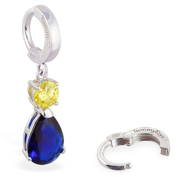 Navel Rings. TummyToys Sapphire and Citrine Coloured CZ Drop - Solid Silver Snap Lock Belly Ring