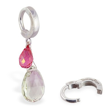 TummyToys® Pink Topaz and Green Quartz Belly Ring. Silver Belly Rings.